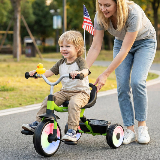 Toddler Tricycle with 3-Position Seat, Storage Basket, Green Push & Pedal Ride On Toys Green at Gallery Canada