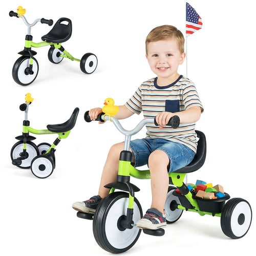 Toddler Tricycle with 3-Position Seat, Storage Basket, Green
