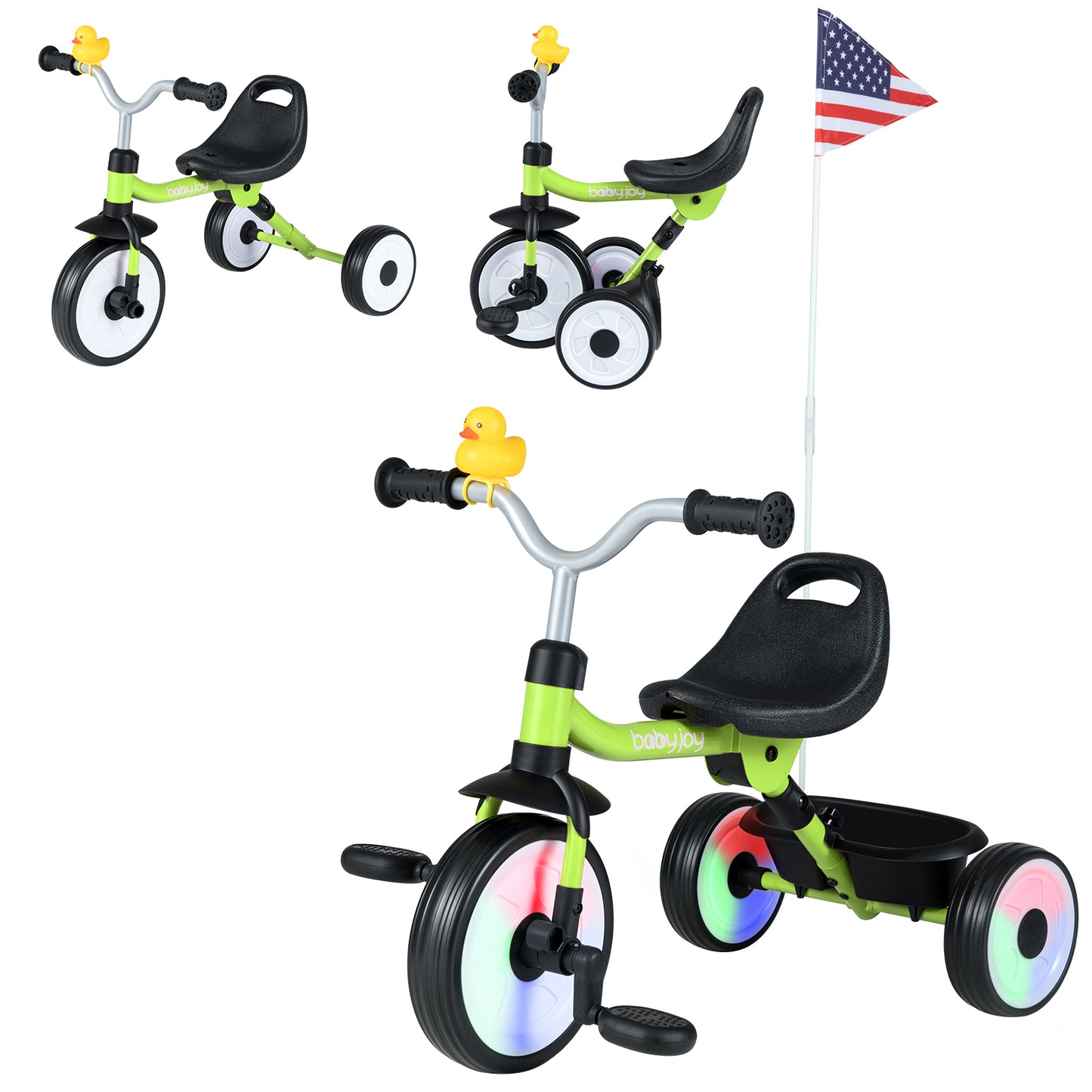 Toddler Tricycle with 3-Position Seat, Storage Basket, Green Push & Pedal Ride On Toys at Gallery Canada