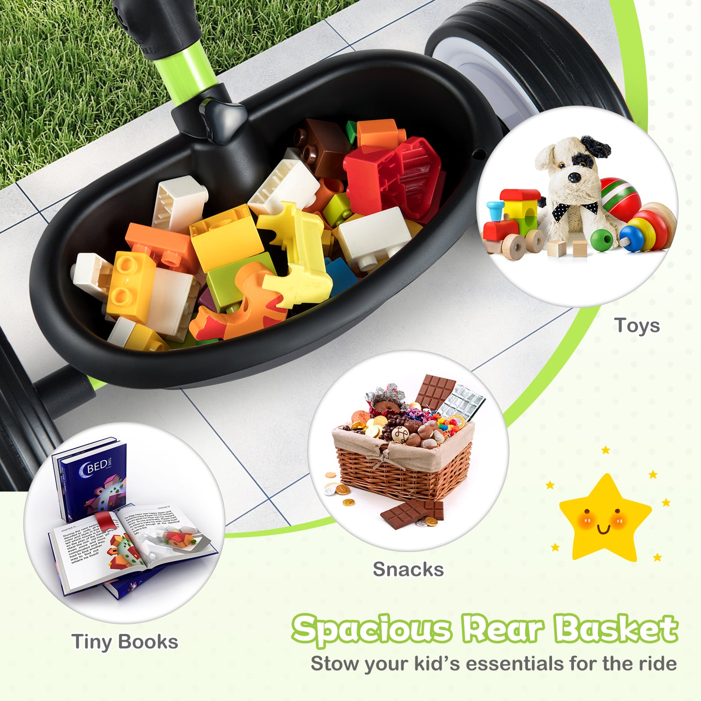Toddler Tricycle with 3-Position Seat, Storage Basket, Green Push & Pedal Ride On Toys at Gallery Canada