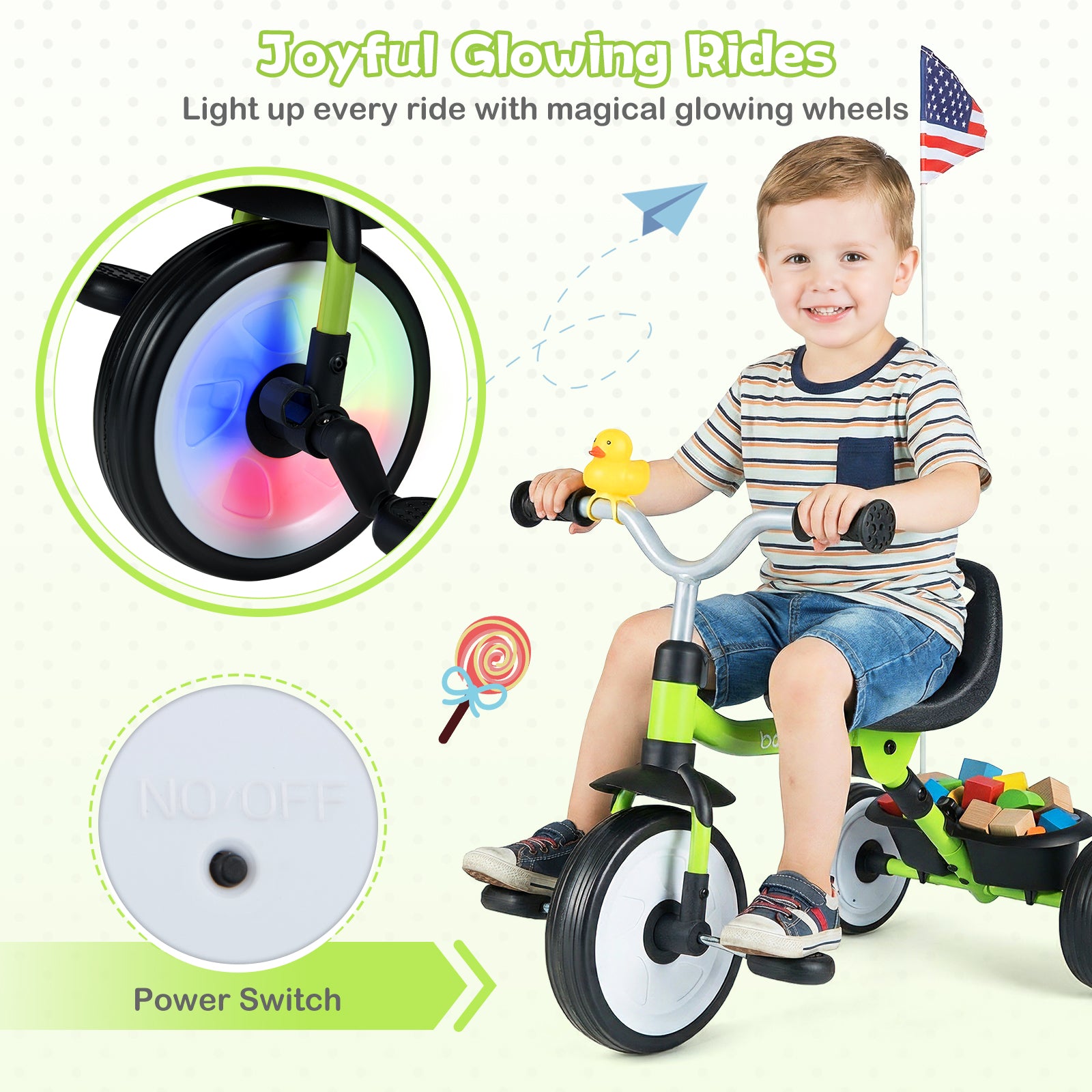 Toddler Tricycle with 3-Position Seat, Storage Basket, Green Push & Pedal Ride On Toys at Gallery Canada