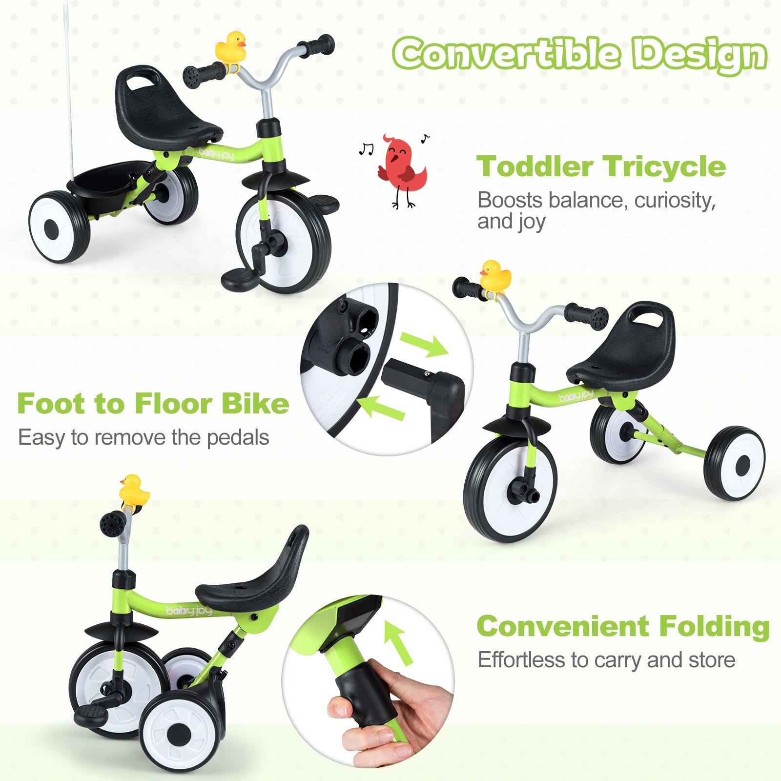 Toddler Tricycle with 3-Position Seat, Storage Basket, Green Push & Pedal Ride On Toys at Gallery Canada