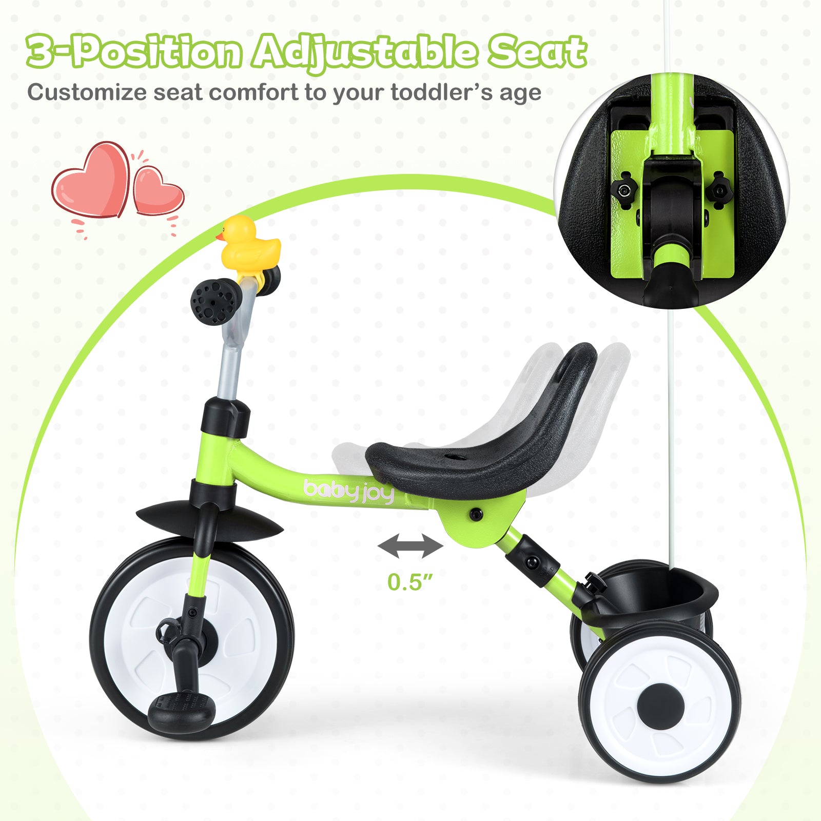 Toddler Tricycle with 3-Position Seat, Storage Basket, Green Push & Pedal Ride On Toys at Gallery Canada