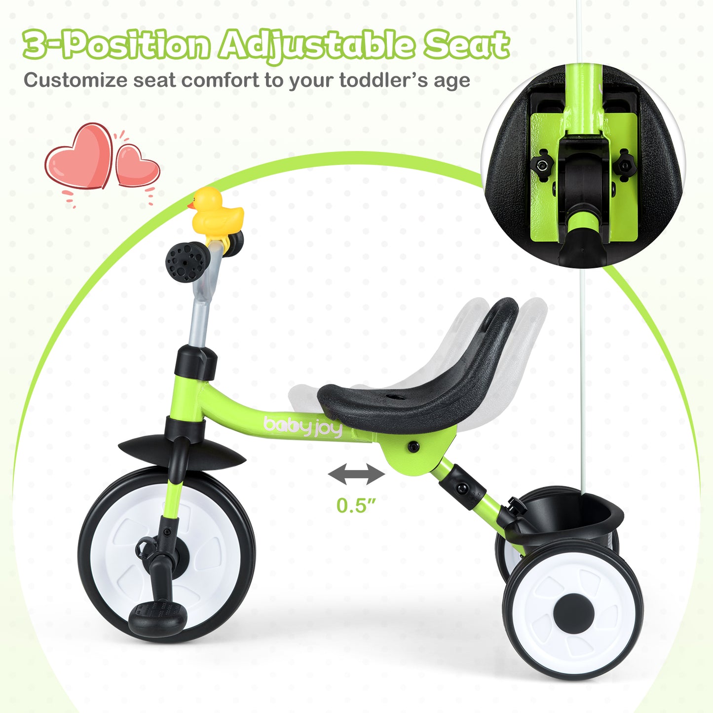 Toddler Tricycle with 3-Position Seat, Storage Basket, Green Push & Pedal Ride On Toys at Gallery Canada