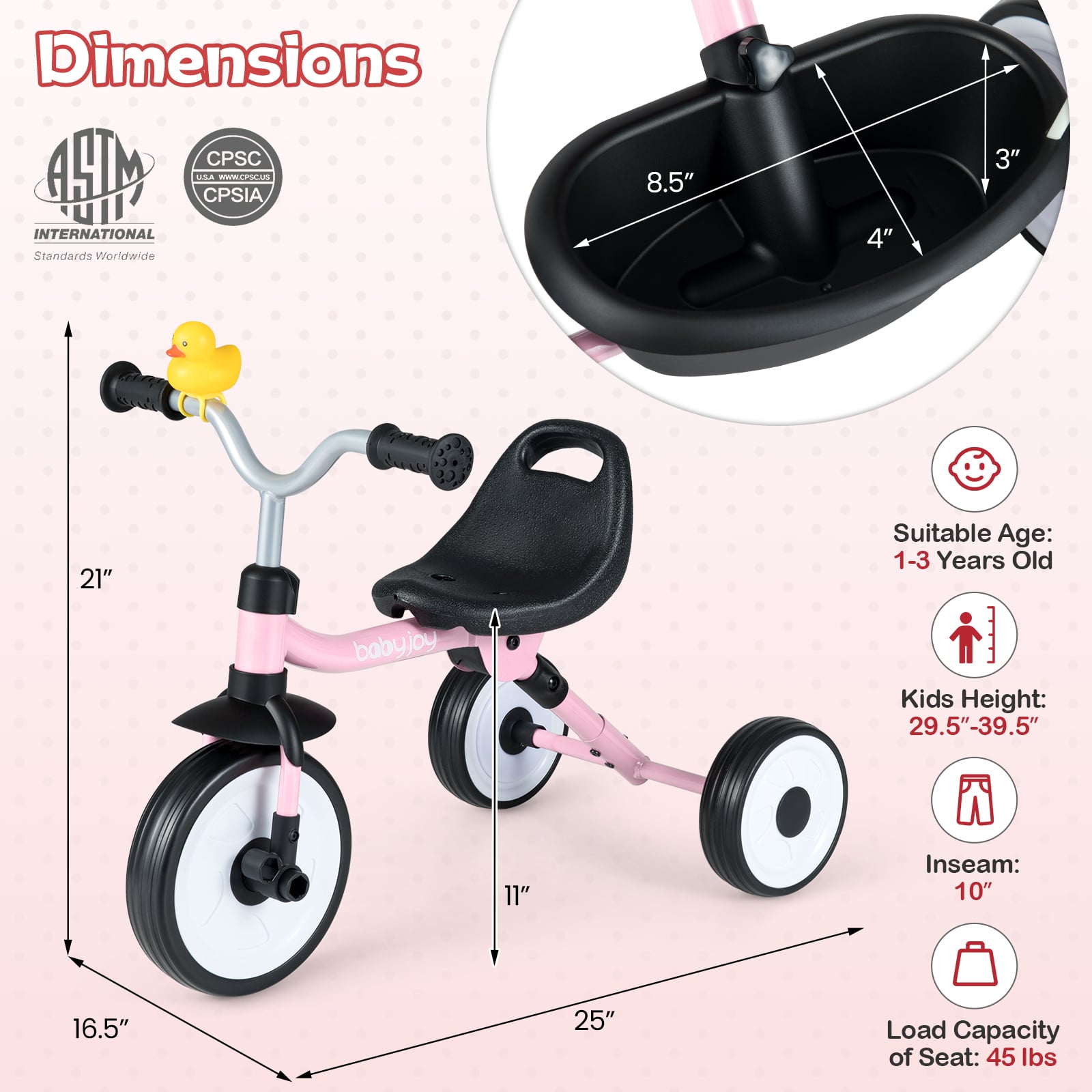 Toddler Tricycle with 3-Position Seat and Storage Basket for Kids, Pink Push & Pedal Ride On Toys at Gallery Canada