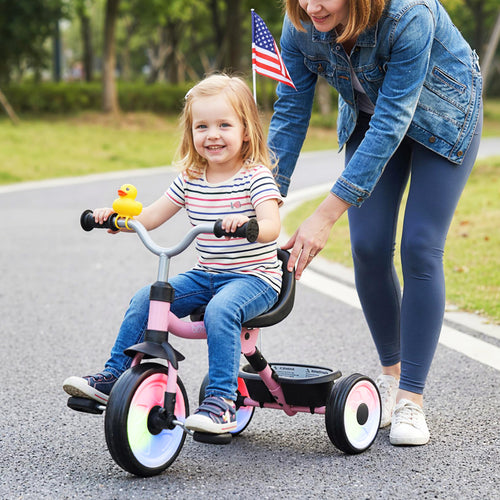 Toddler Tricycle with 3-Position Seat and Storage Basket for Kids, Pink