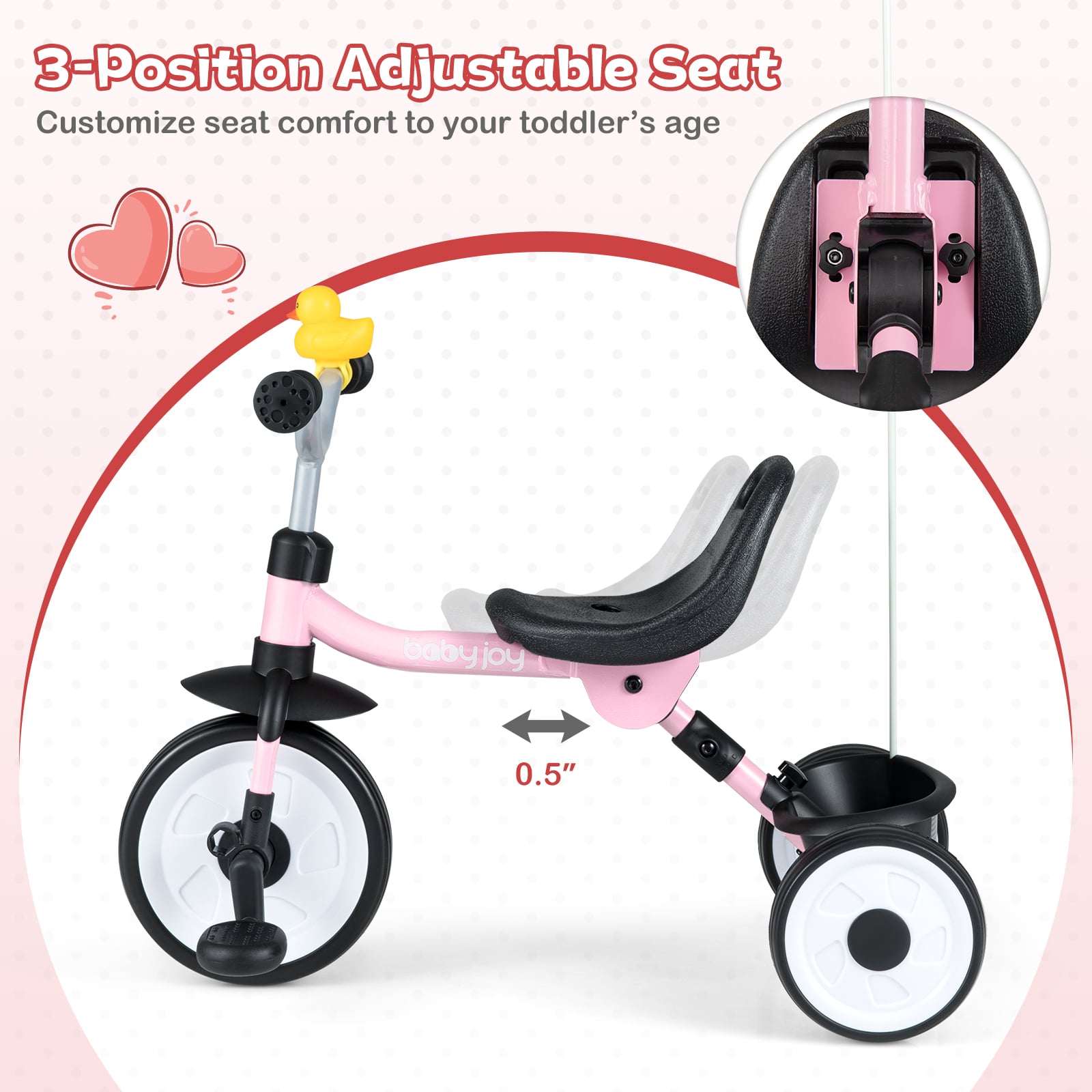 Toddler Tricycle with 3-Position Seat and Storage Basket for Kids, Pink Push & Pedal Ride On Toys at Gallery Canada