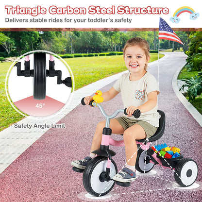 Toddler Tricycle with 3-Position Seat and Storage Basket for Kids, Pink Push & Pedal Ride On Toys at Gallery Canada