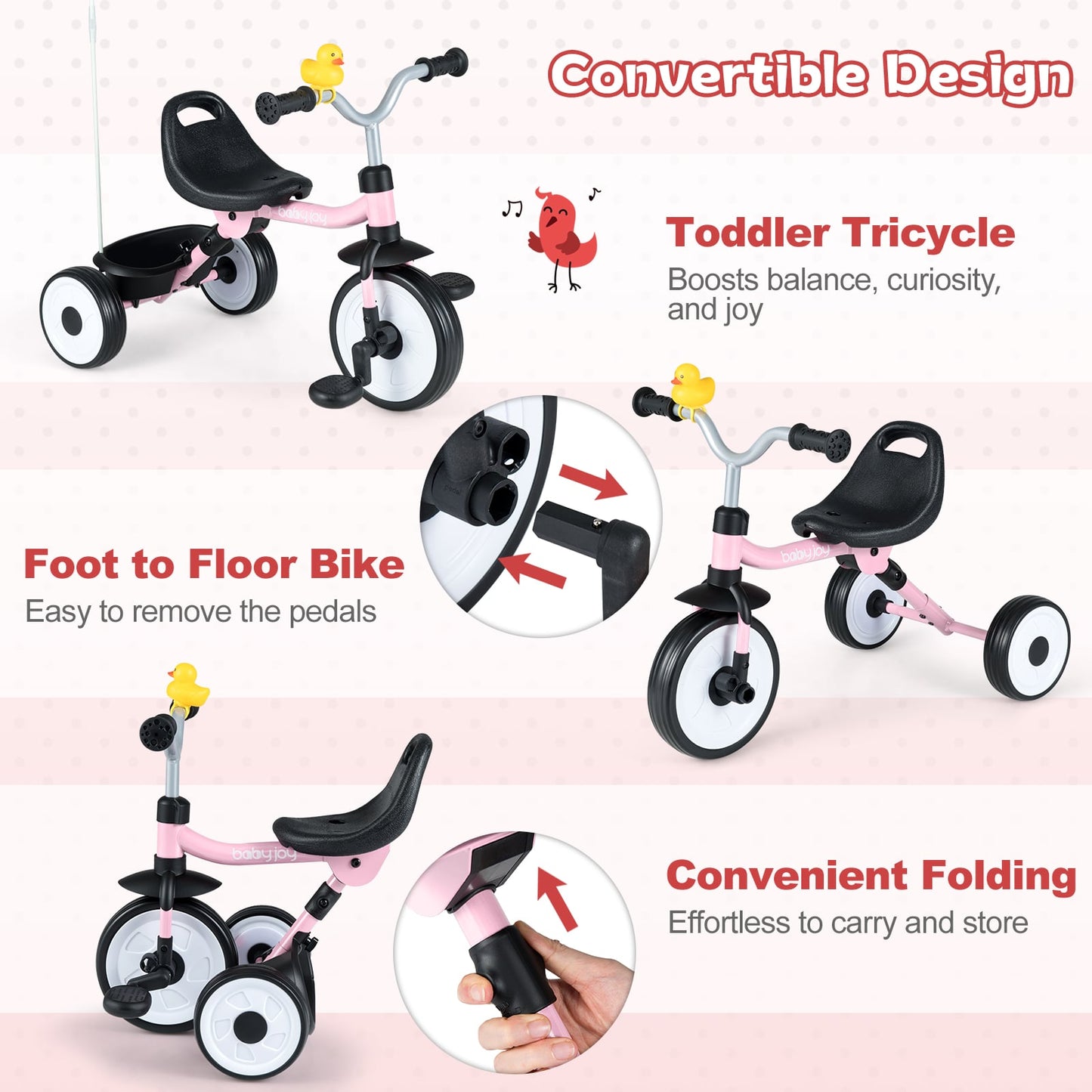 Toddler Tricycle with 3-Position Seat and Storage Basket for Kids, Pink Push & Pedal Ride On Toys at Gallery Canada