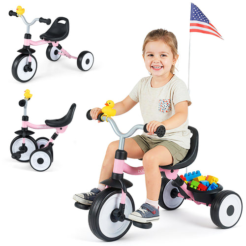 Toddler Tricycle with 3-Position Seat and Storage Basket for Kids, Pink