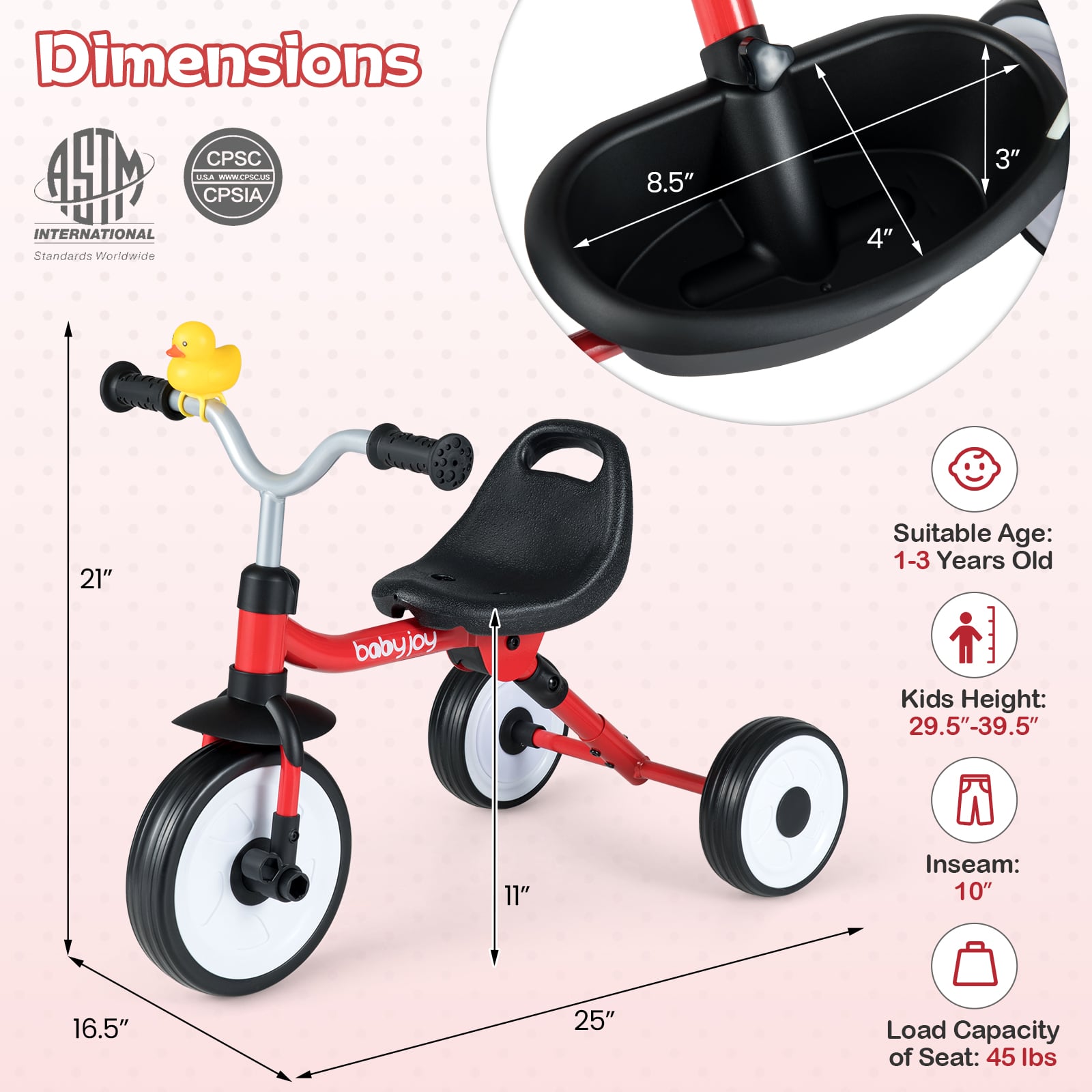 Toddler Tricycle with 3-Position Seat and Storage Basket for Kids, Red Push & Pedal Ride On Toys at Gallery Canada