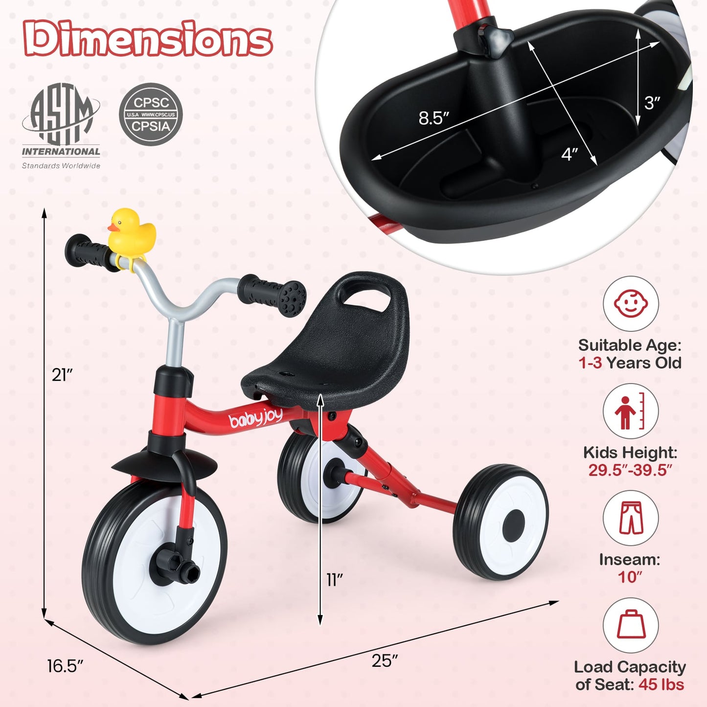 Toddler Tricycle with 3-Position Seat and Storage Basket for Kids, Red Push & Pedal Ride On Toys at Gallery Canada