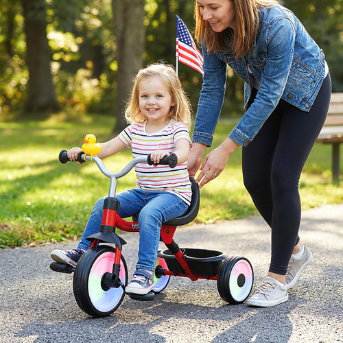 Toddler Tricycle with 3-Position Seat and Storage Basket for Kids, Red