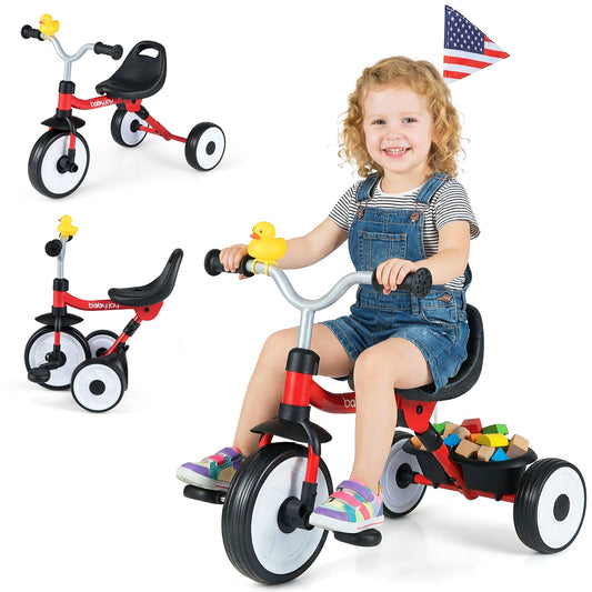 Toddler Tricycle with 3-Position Seat and Storage Basket for Kids, Red Push & Pedal Ride On Toys Red at Gallery Canada