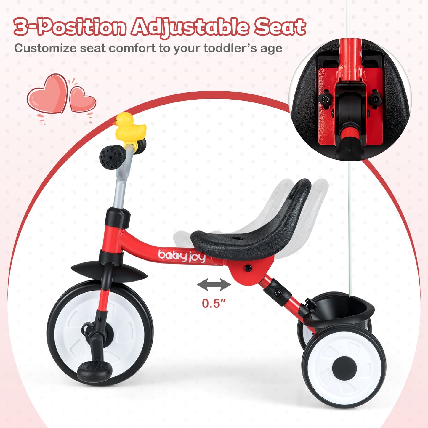 Toddler Tricycle with 3-Position Seat and Storage Basket for Kids, Red Push & Pedal Ride On Toys at Gallery Canada