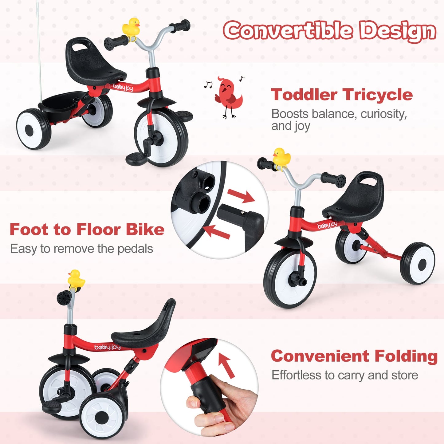 Toddler Tricycle with 3-Position Seat and Storage Basket for Kids, Red Push & Pedal Ride On Toys at Gallery Canada