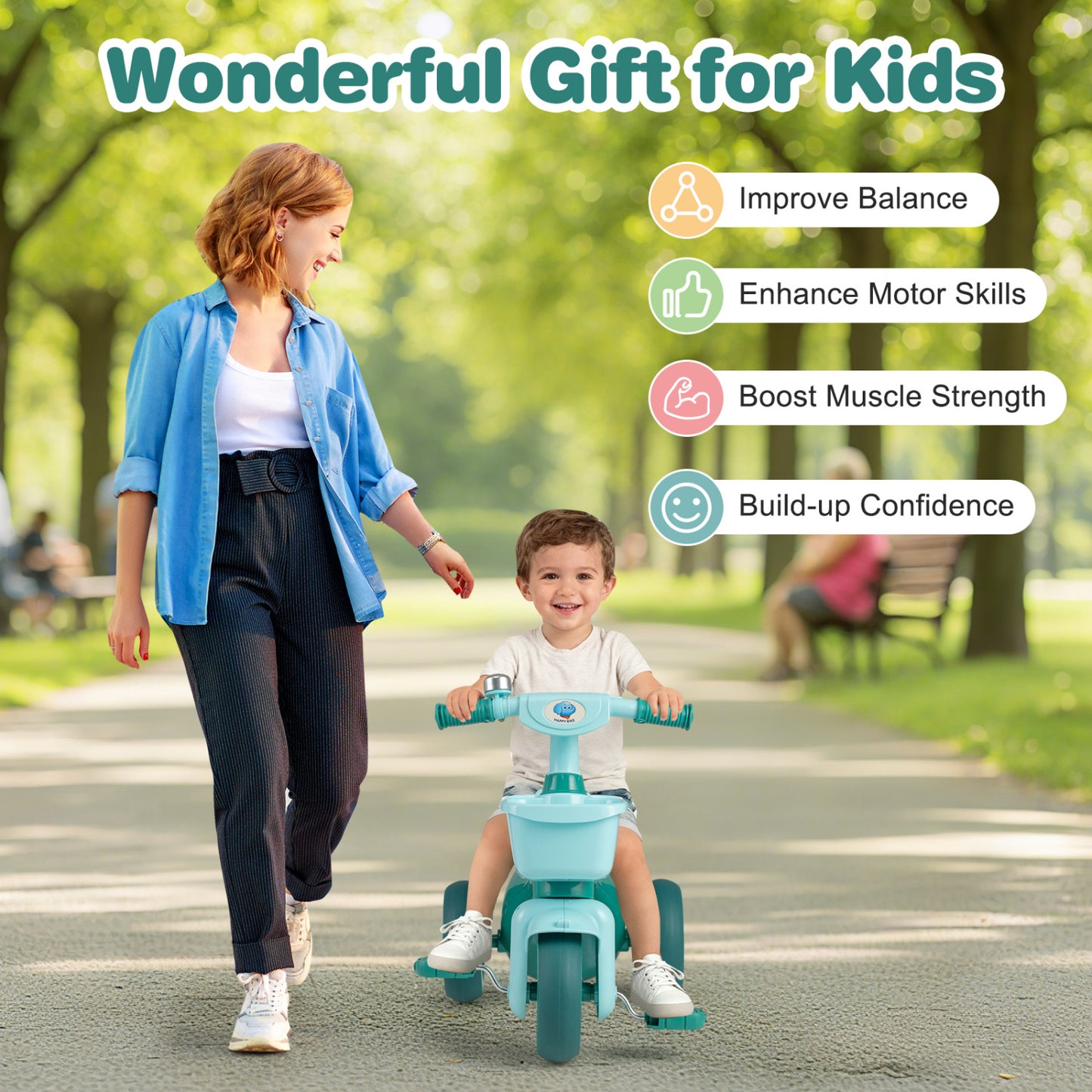 Toddler Tricycle, with Front Basket and Bell, Green