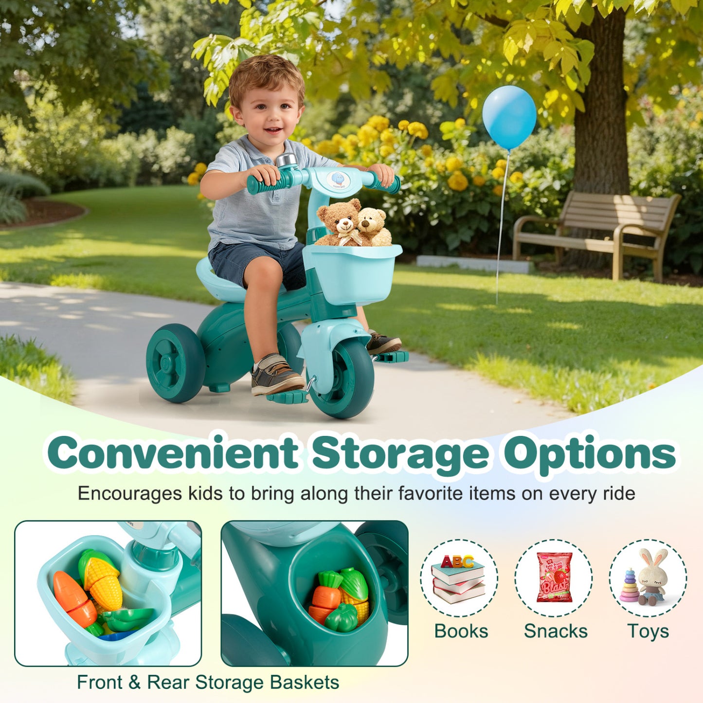 Toddler Tricycle, with Front Basket and Bell, Green