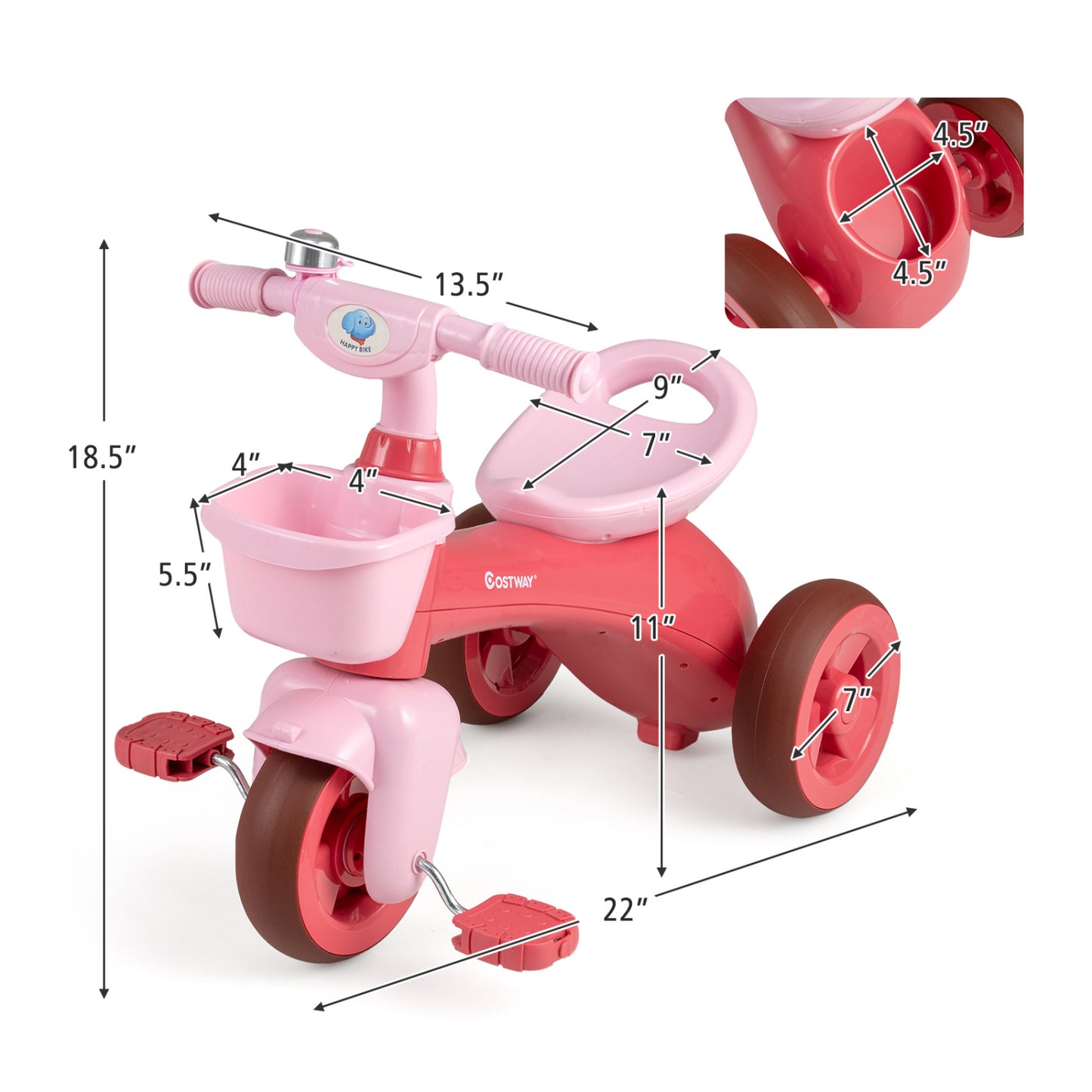 Toddler Tricycle, With Basket & Bell, Pink