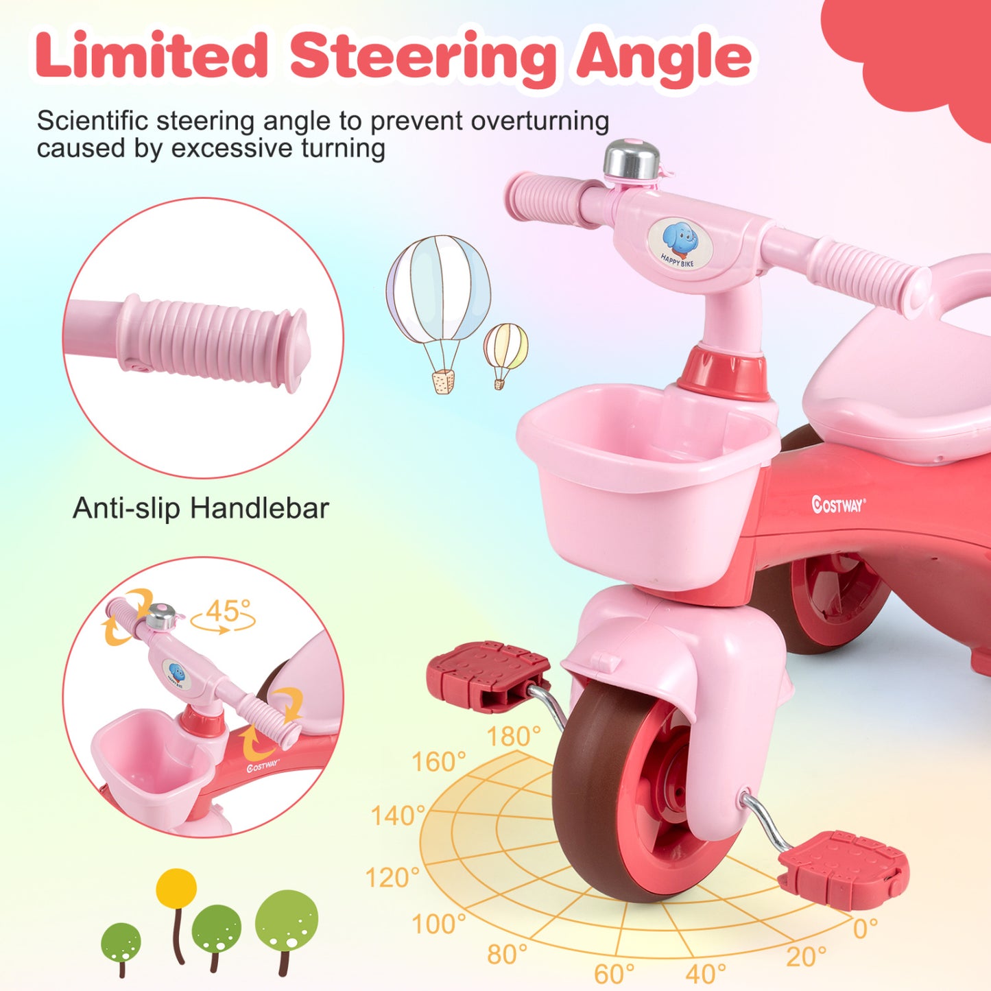 Toddler Tricycle, With Basket & Bell, Pink