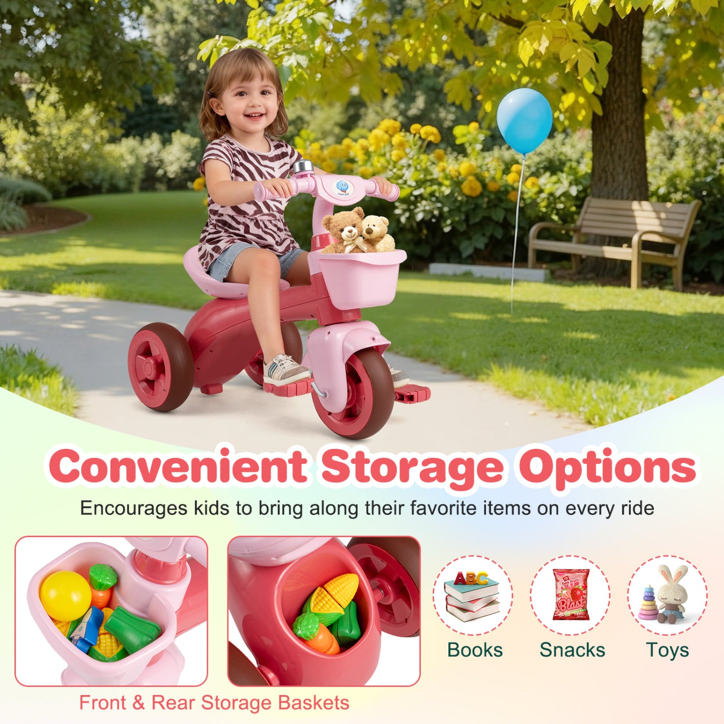 Toddler Tricycle, With Basket & Bell, Pink