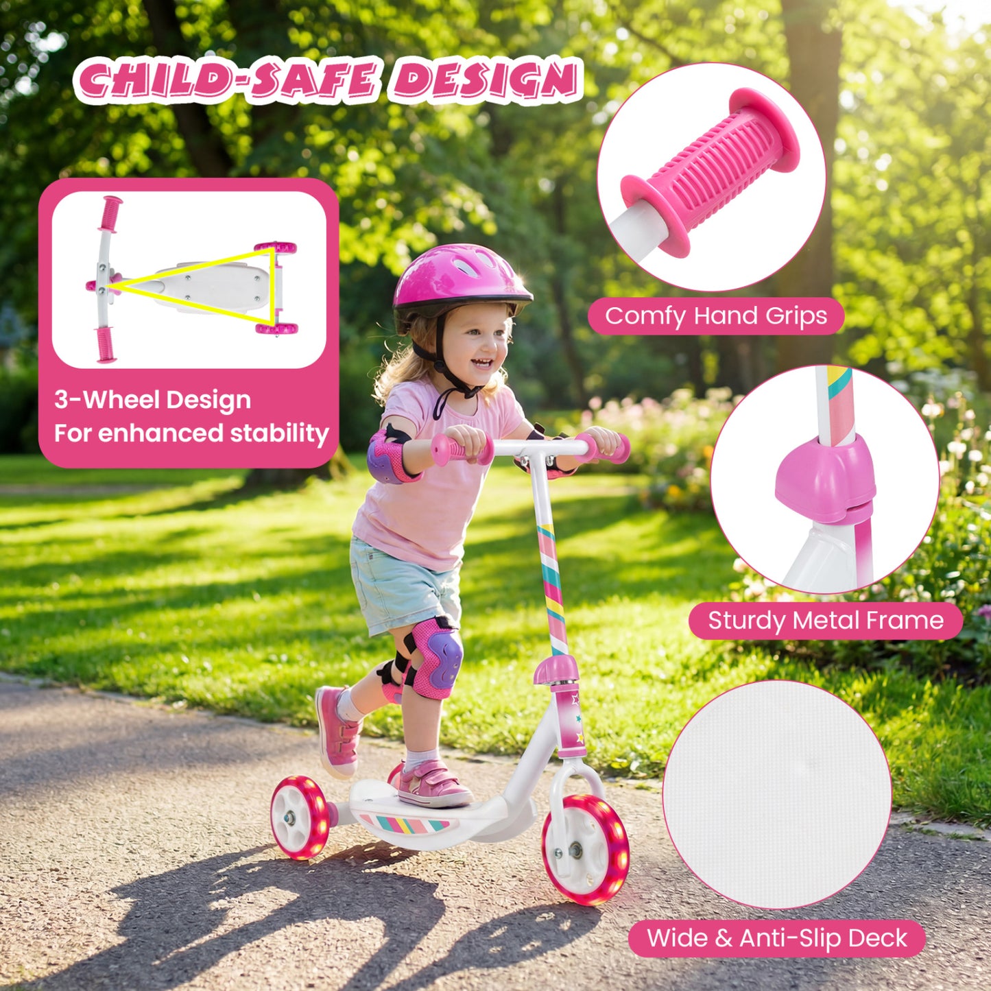 Toddlers Kick Scooter with LED Light-Up Wheels and Wide Anti-Slip Deck for Boys and Girls, Pink Scooters at Gallery Canada