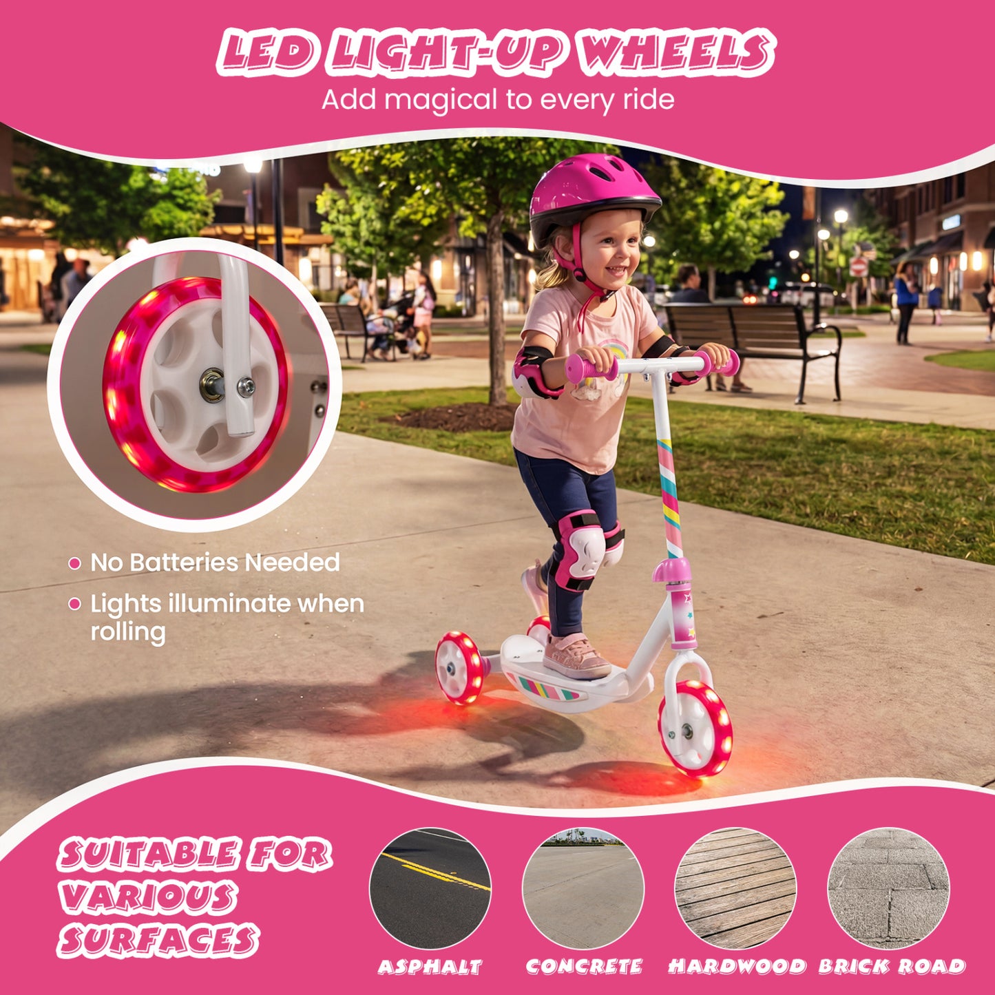 Toddlers Kick Scooter with LED Light-Up Wheels and Wide Anti-Slip Deck for Boys and Girls, Pink Scooters at Gallery Canada