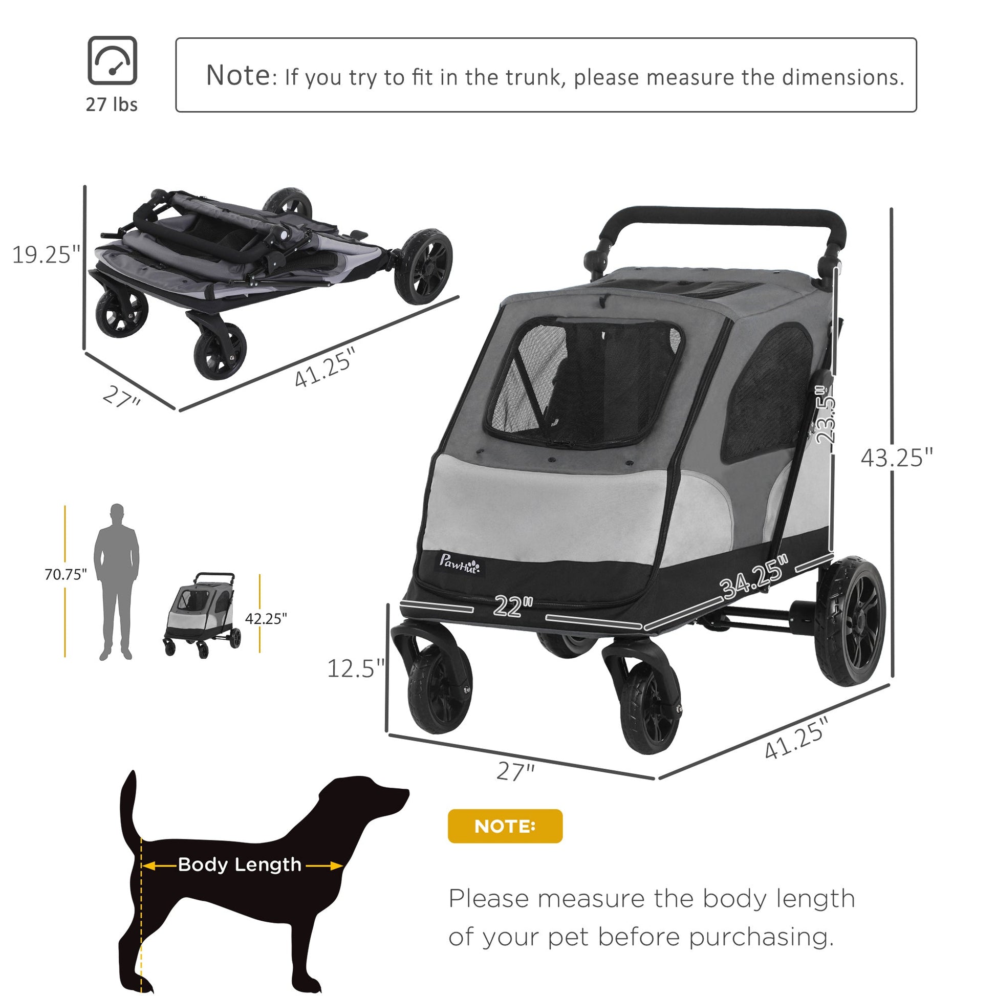 Pet Stroller Foldable Cat Dog Jogging Stroller w/ Adjustable Handlebar Rear Door Storage Bag Mesh Window Safety Leash Grey at Gallery Canada