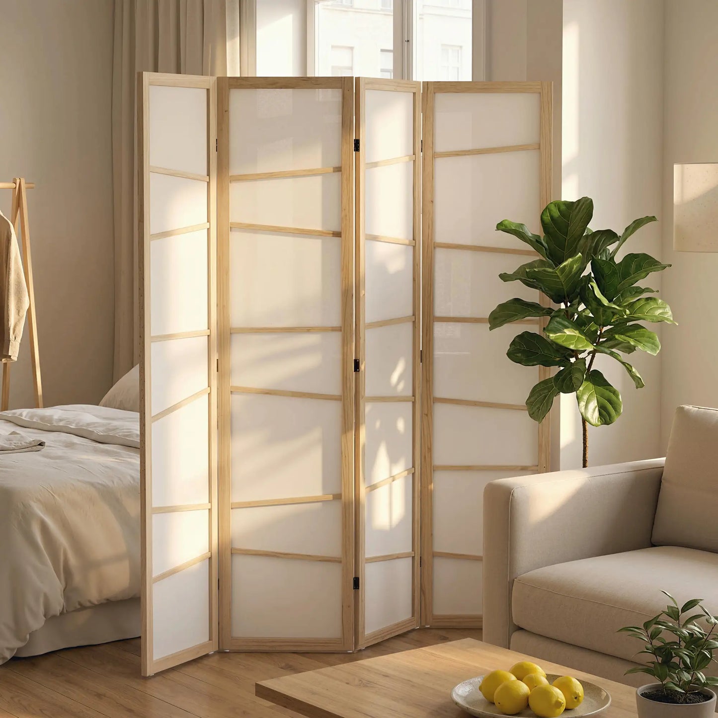 66.9" Folding Room Divider, 4 Panel Wood Frame, Natural Wood Room Dividers at Gallery Canada