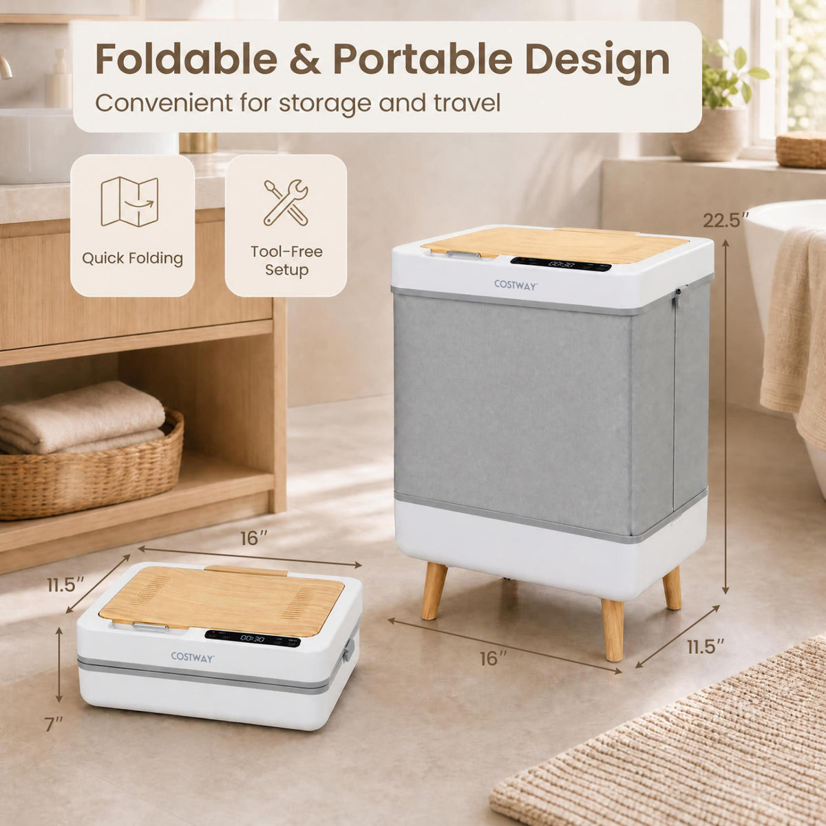 Towel Warmer Bucket, Foldable Design, Auto Shut Off, Natural