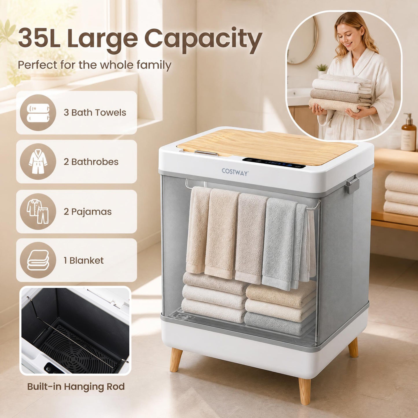 Towel Warmer Bucket, Foldable Design, Auto Shut Off, Natural