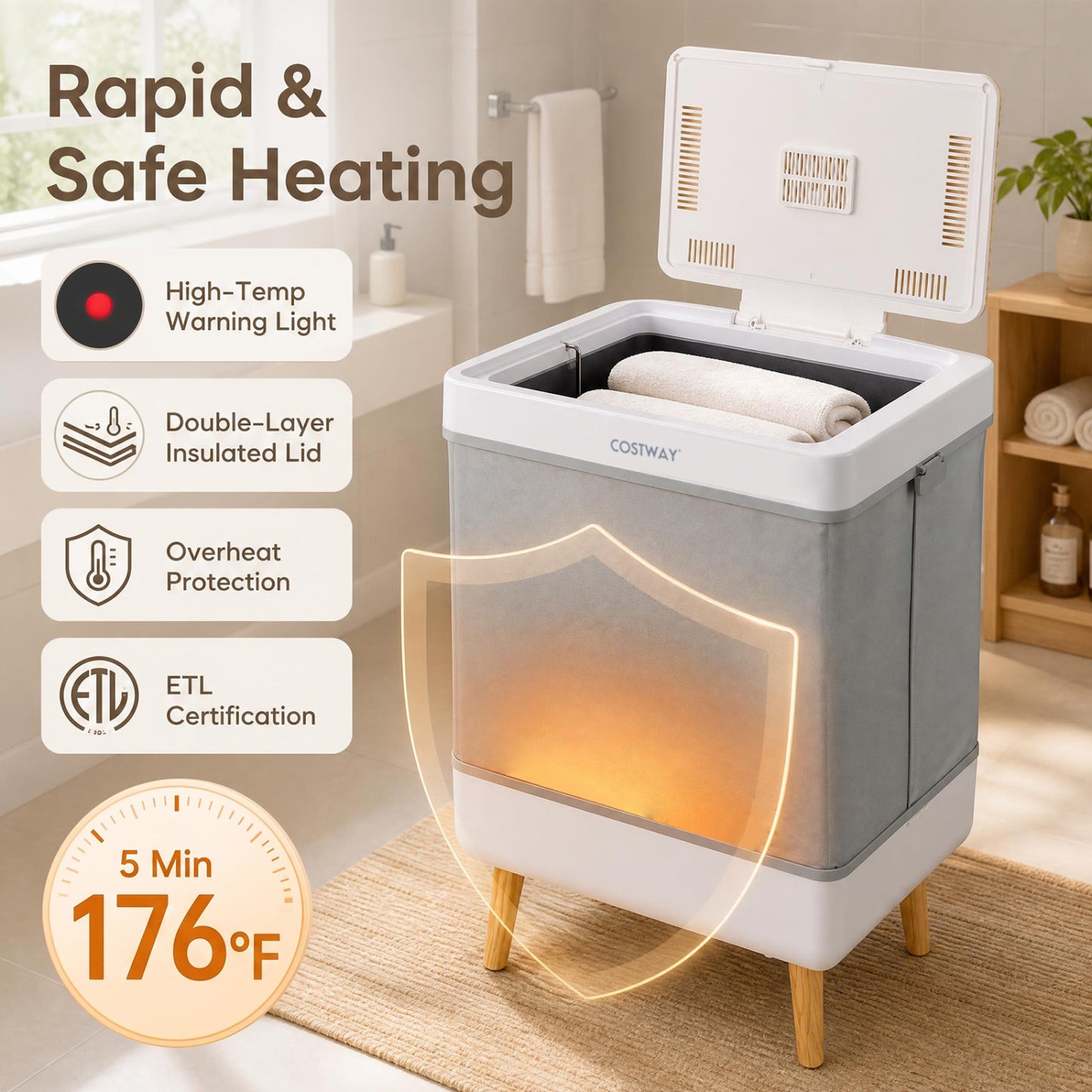 Towel Warmer Bucket, Foldable Design, Auto Shut Off, Natural