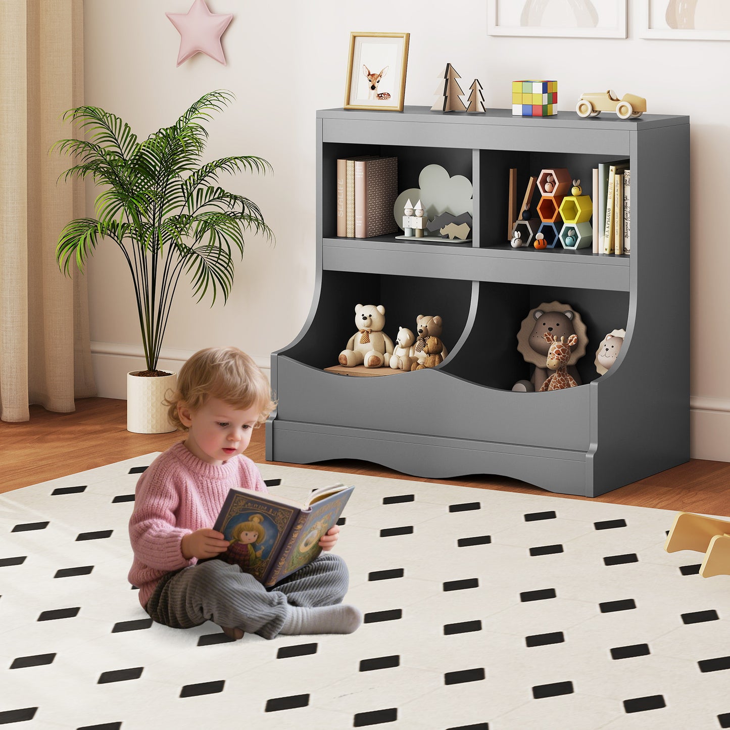 Toy Storage Organizer 4-Cubby Kids Bookcase for Toys and Books, Gray