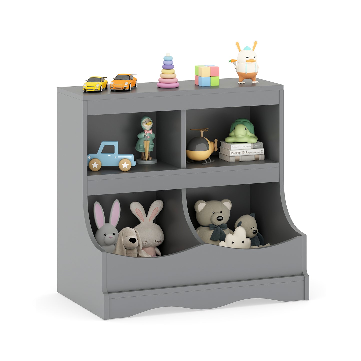 Toy Storage Organizer 4-Cubby Kids Bookcase for Toys and Books, Gray