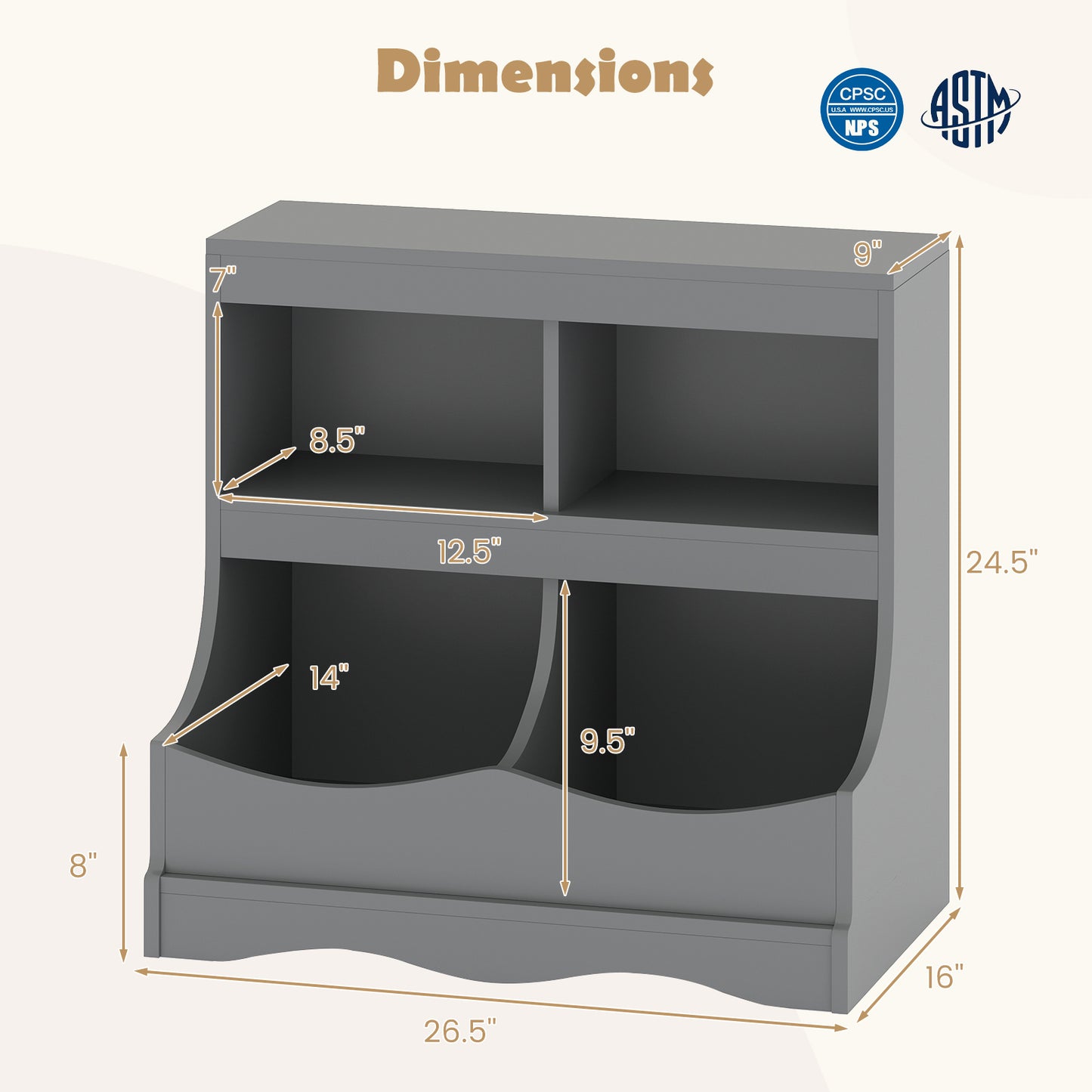 Toy Storage Organizer 4-Cubby Kids Bookcase for Toys and Books, Gray