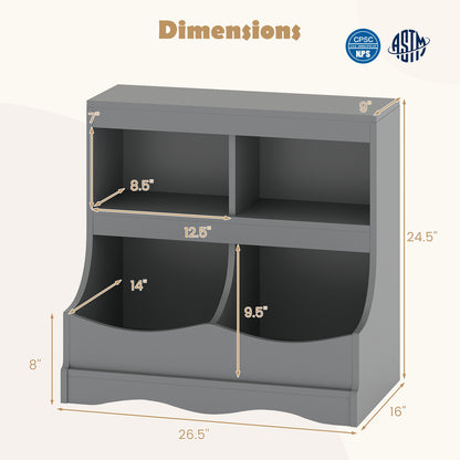 Toy Storage Organizer 4-Cubby Kids Bookcase for Toys and Books, Gray