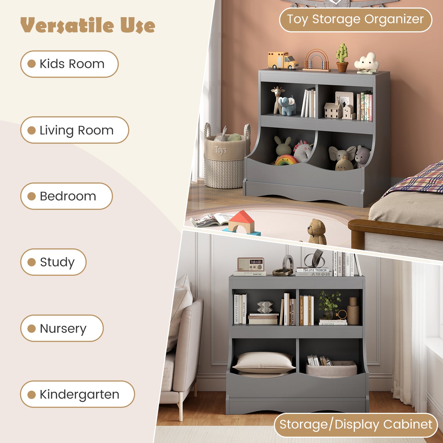 Toy Storage Organizer 4-Cubby Kids Bookcase for Toys and Books, Gray