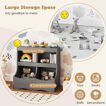 Toy Storage Organizer 4-Cubby Kids Bookcase for Toys and Books, Gray