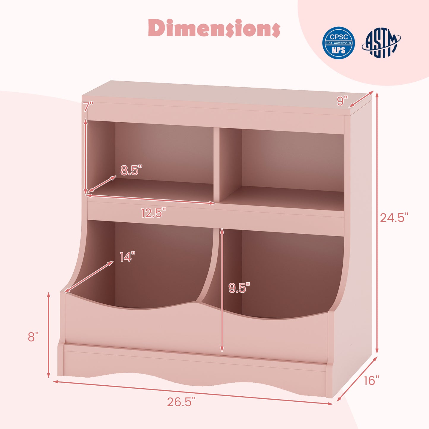 Toy Storage Organizer 4-Cubby Kids Bookcase for Toys and Books, Pink