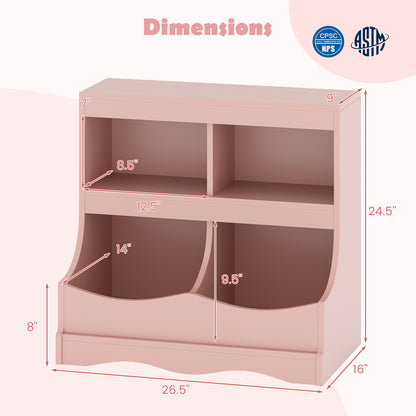 Toy Storage Organizer 4-Cubby Kids Bookcase for Toys and Books, Pink