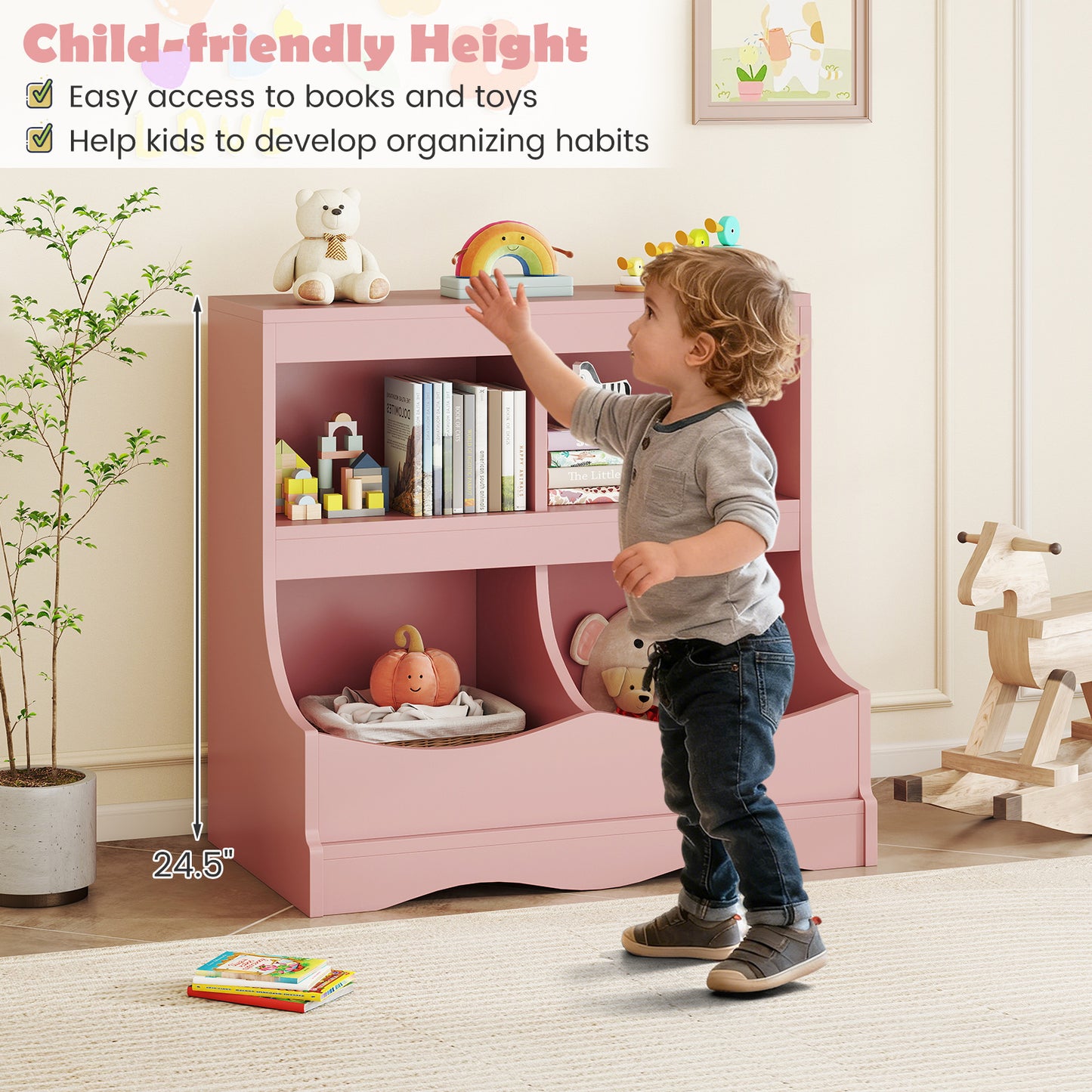 Toy Storage Organizer 4-Cubby Kids Bookcase for Toys and Books, Pink