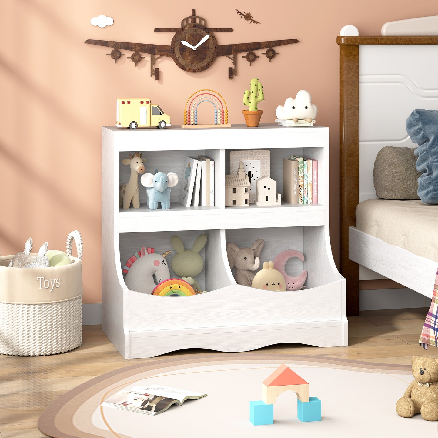 Toy Storage Organizer 4-Cubby Kids Bookcase for Toys and Books, White