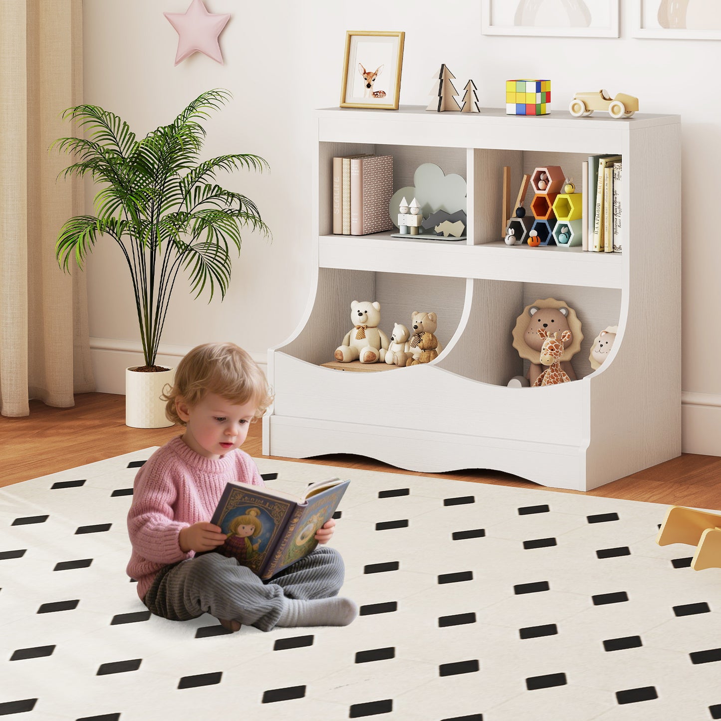 Toy Storage Organizer 4-Cubby Kids Bookcase for Toys and Books, White