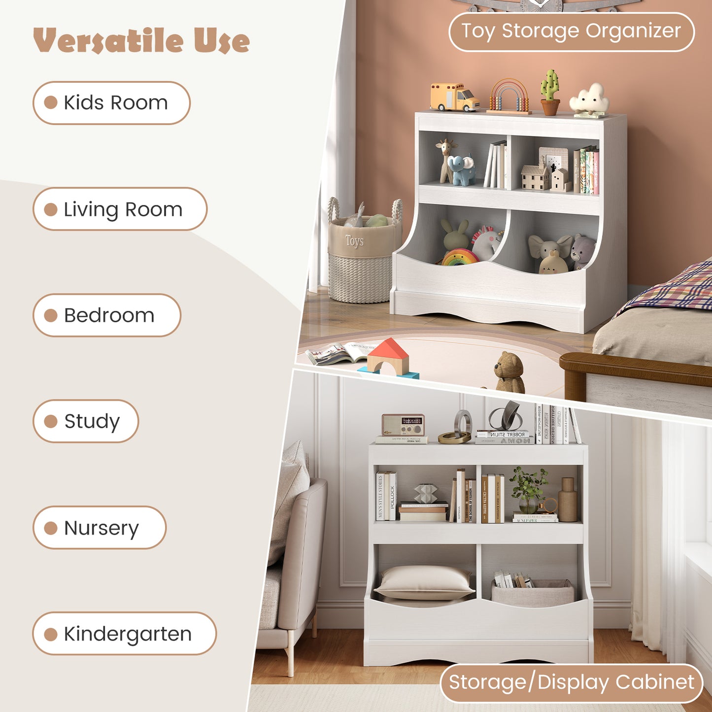 Toy Storage Organizer 4-Cubby Kids Bookcase for Toys and Books, White