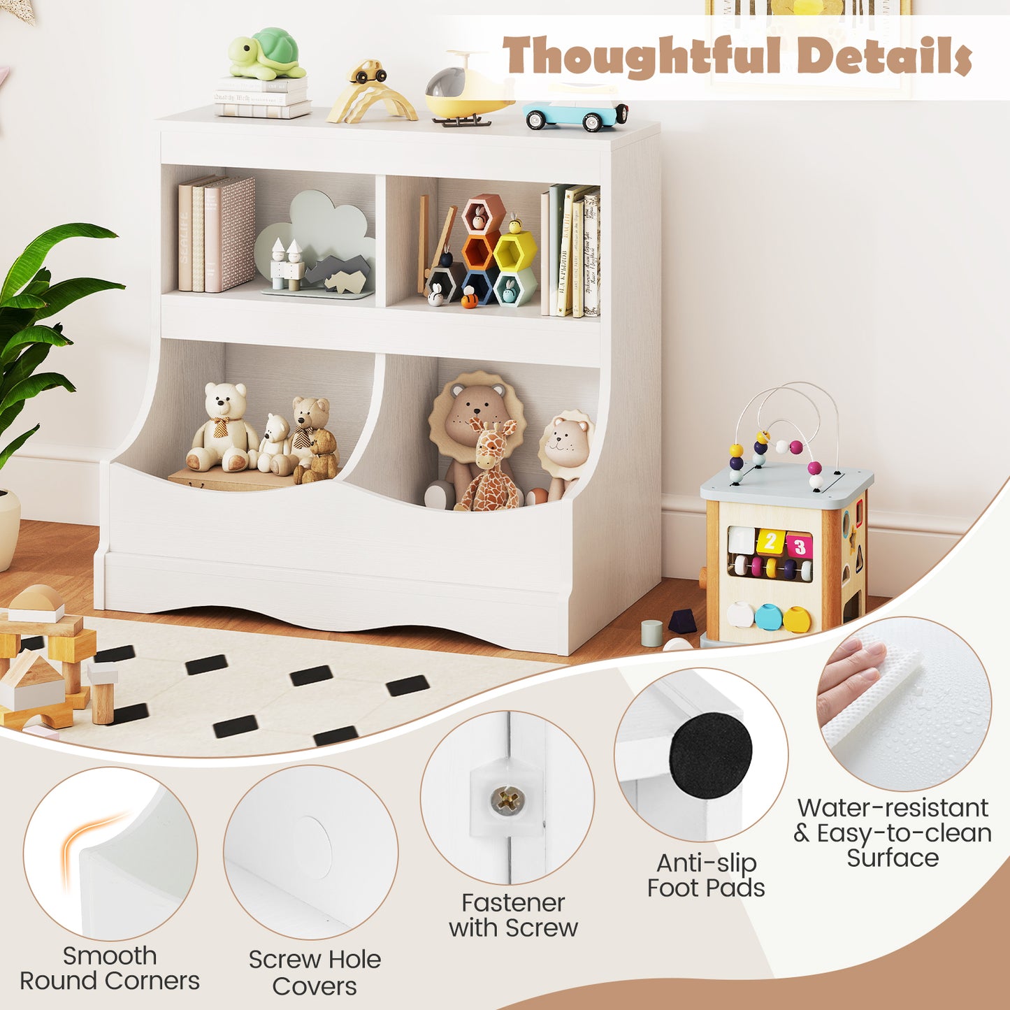 Toy Storage Organizer 4-Cubby Kids Bookcase for Toys and Books, White