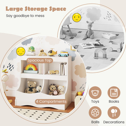 Toy Storage Organizer 4-Cubby Kids Bookcase for Toys and Books, White