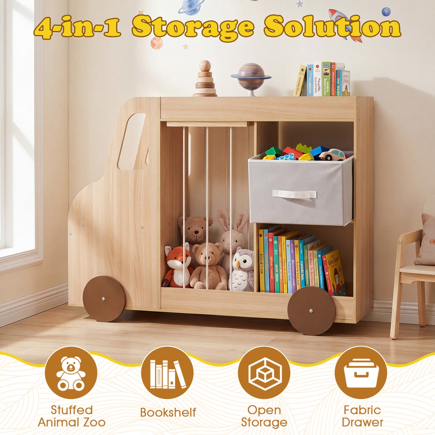 Toy Storage Organizer with Stuffed Animal Storage Fabric Drawer and Universal Wheels-Natrual, Natural