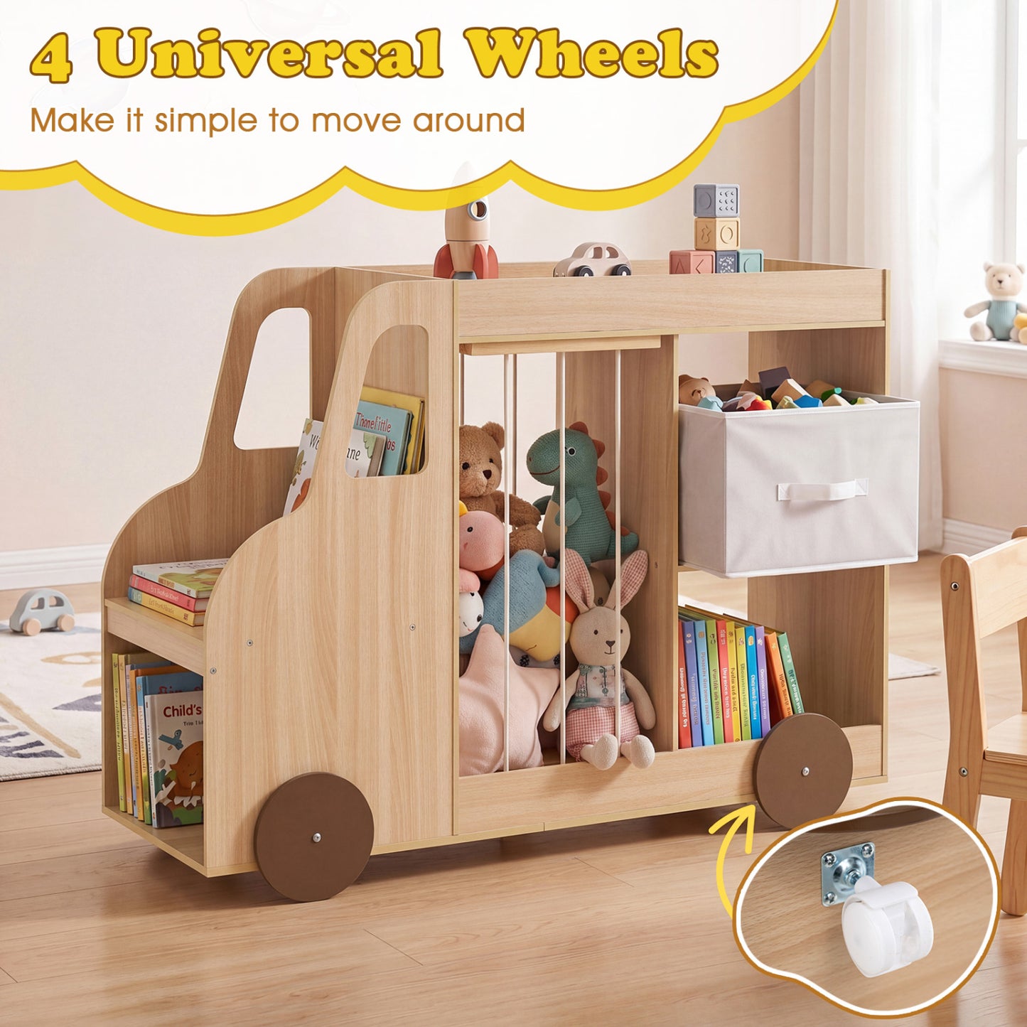 Toy Storage Organizer with Stuffed Animal Storage Fabric Drawer and Universal Wheels-Natrual, Natural