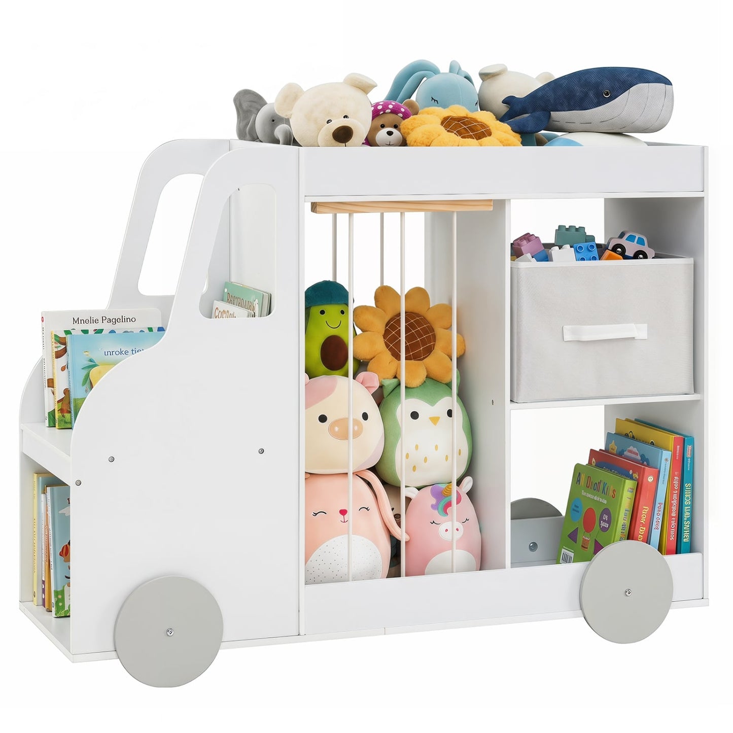 Toy Storage Organizer with Stuffed Animal Storage Fabric Drawer and Universal Wheels, White
