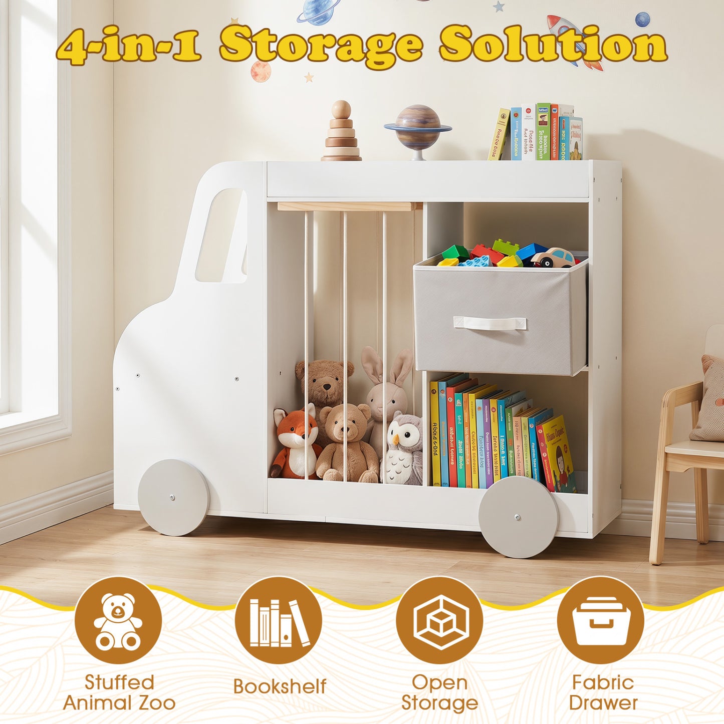 Toy Storage Organizer with Stuffed Animal Storage Fabric Drawer and Universal Wheels, White